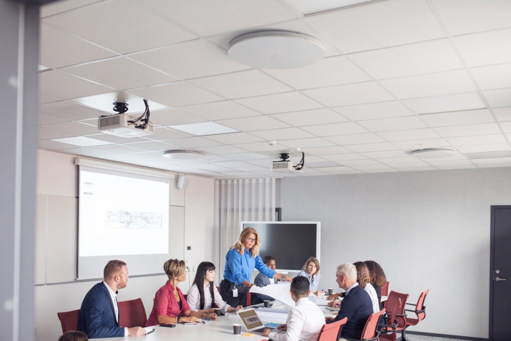 A group of professionals engaged in a boardroom me