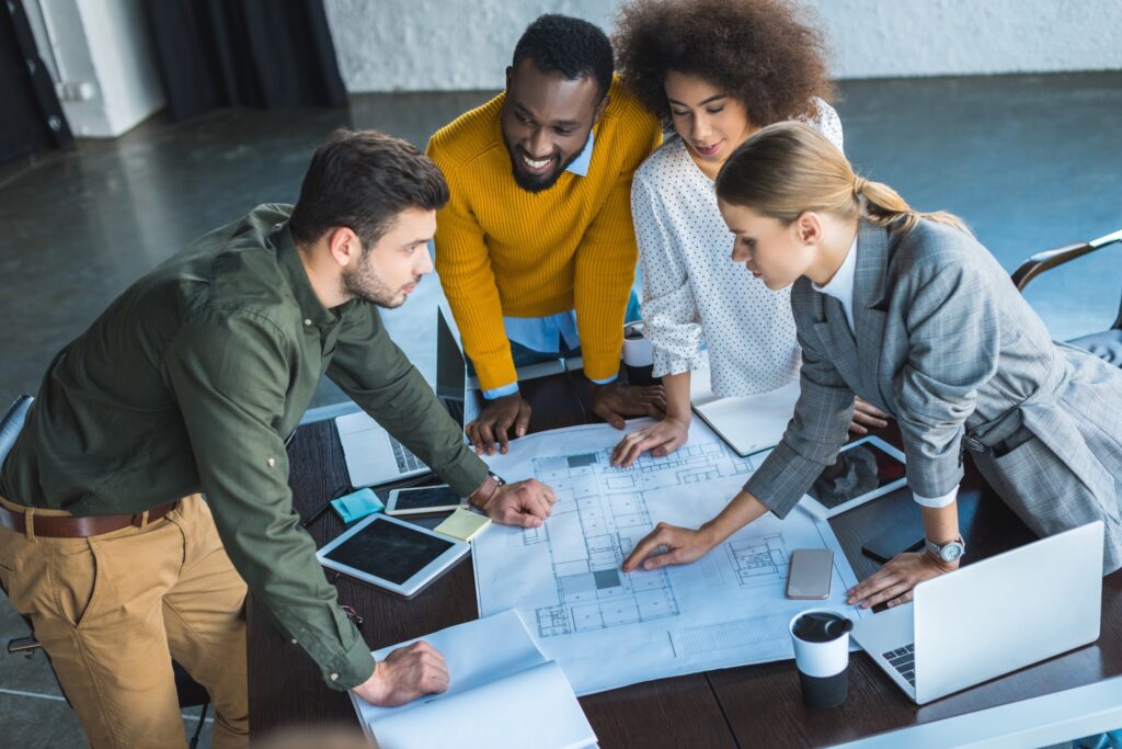 High angle view of multicultural businesspeople wi