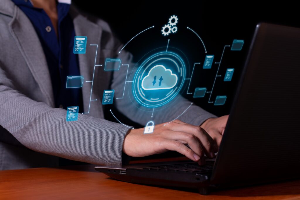 Man uses cloud computing on his computer to transm